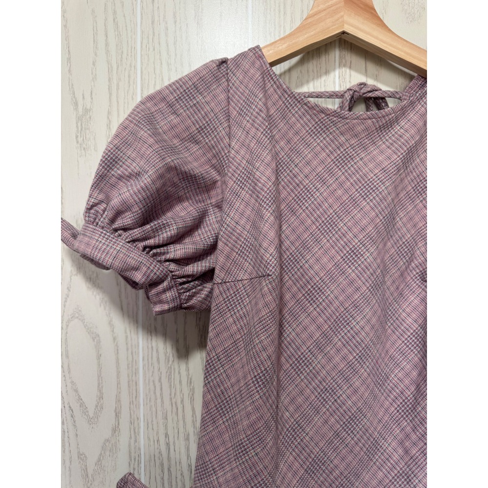 Free People Mauve Plaid Puff Sleeve Open Back Pleated Mini Dress with Belt XS - Picture 7 of 11